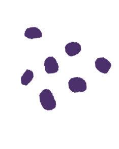 A simplistic illustration featuring seven small, dark blue oval shapes scattered across a light background, resembling blueberries.