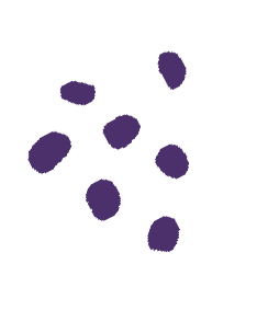 Seven irregularly shaped purple paint blots scattered on a white background.